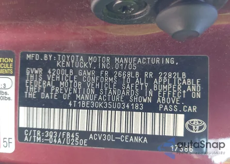 2005 Toyota Camry Le z USA, uszkodzony, nr VIN 4T1BE30K35U034183